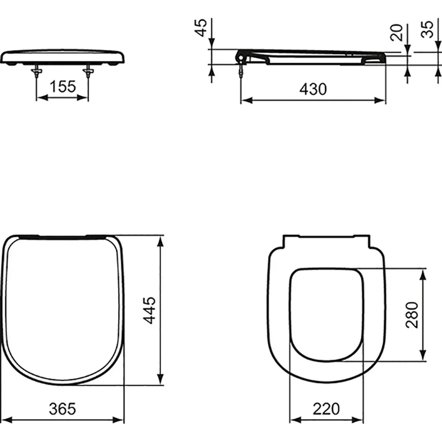 Technische Zeichnung WC-Sitz Eurovit Plus von Ideal Standard mit Maßen.