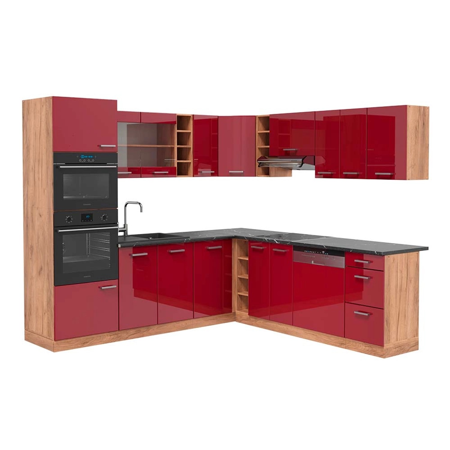 Vicco R-Line Eckküche Bordeaux Hochglanz/Goldkraft Eiche 237 x 247 cm AP An günstig online kaufen