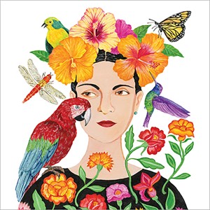 Bunte Papierservietten mit Frida Kahlo Motiv, 20 Stück, 16,5x16,5 cm, FSC® zertifiziert.