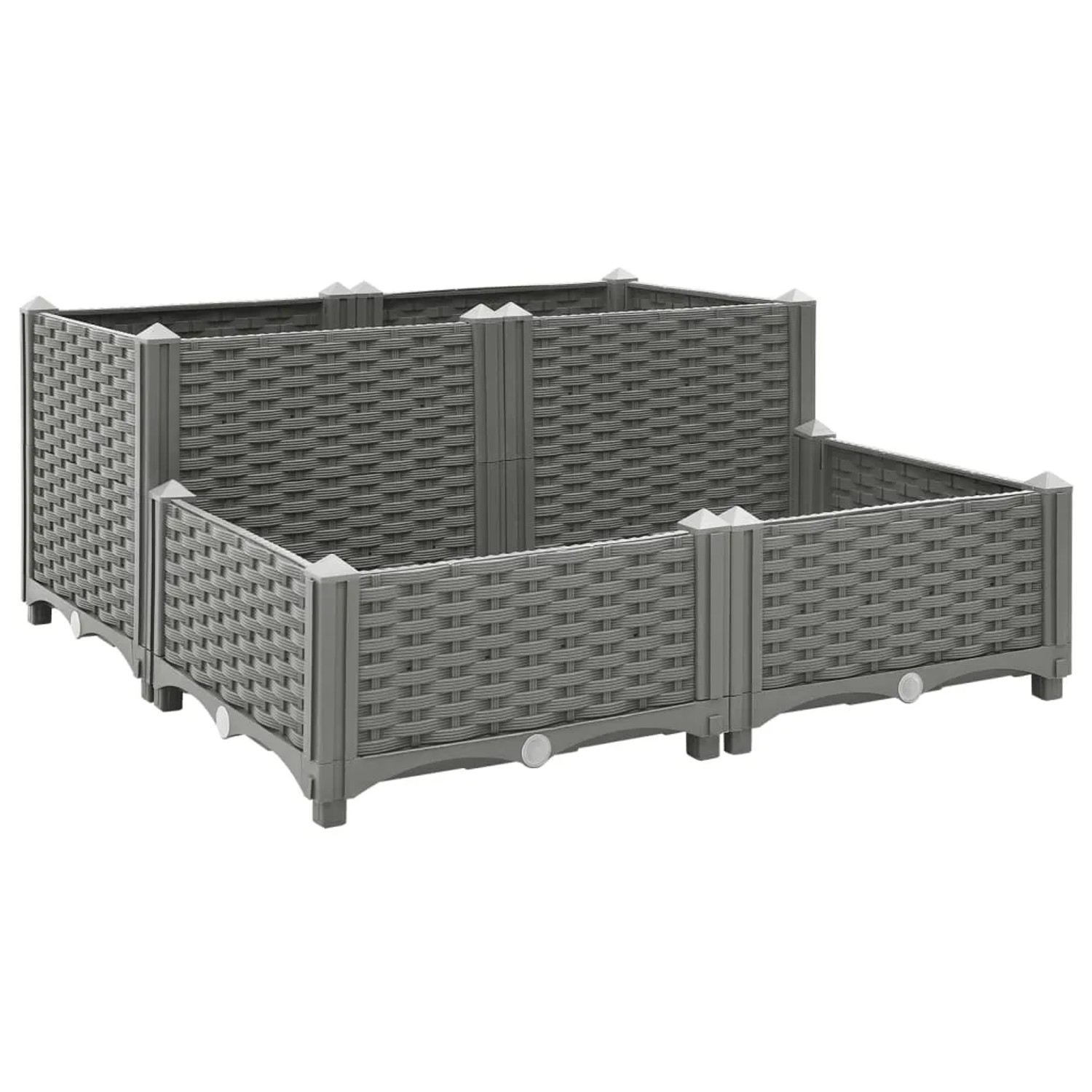 Hellgraues vidaXL Hochbeet (80x80x38 cm) in Rattan-Optik aus Polypropylen.