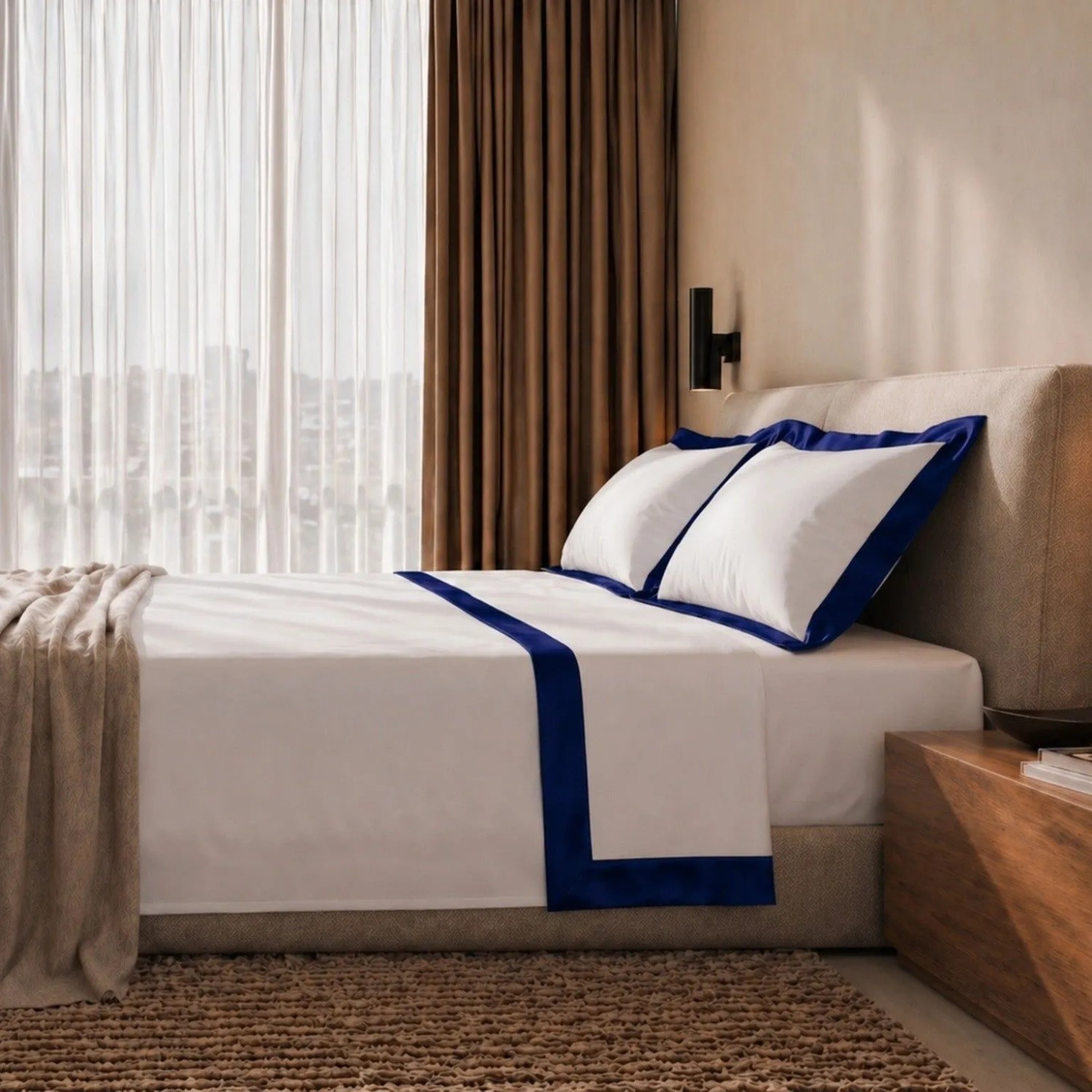 Weißes Baumwoll-Bettwäsche-Set für Einzelbett mit blauer Satin-Bordüre. Inkl. Kissenbezug.