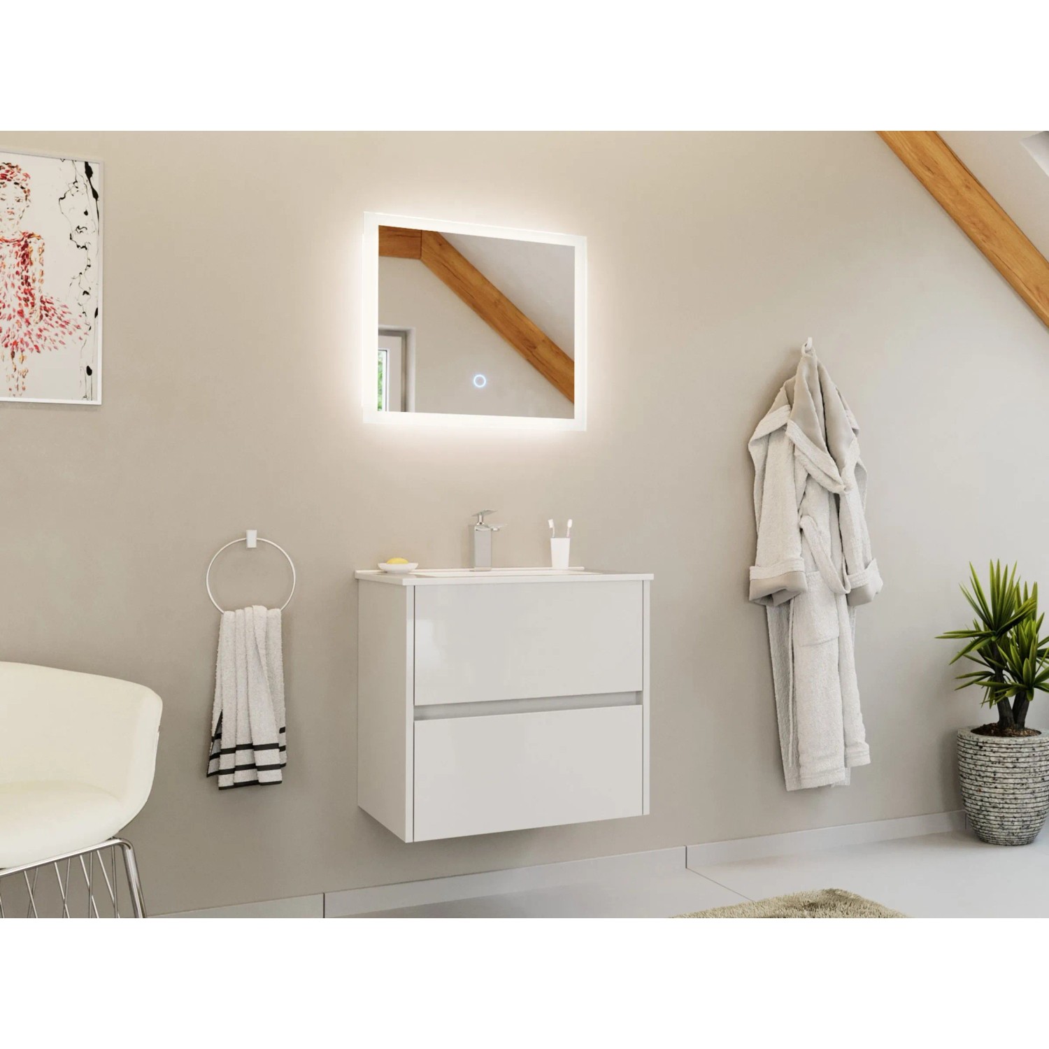 Posseik Badmöbelset Limes 60 cm Weiß Hochglanz LED Spiegel