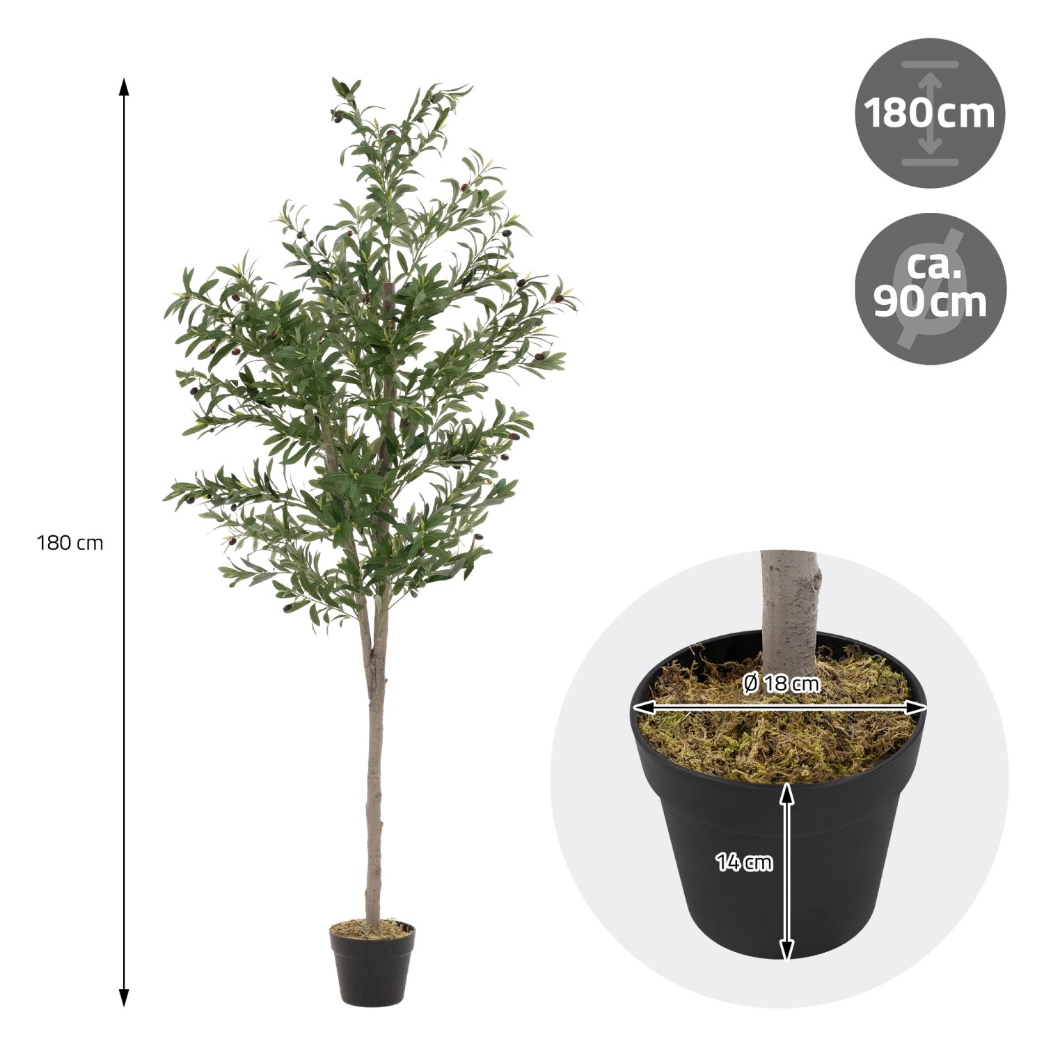 ML-Design künstlicher Olivenbaum, 180 cm, mit Holzstamm im Topf. Dekorative Kunstpflanze für Innenräume.