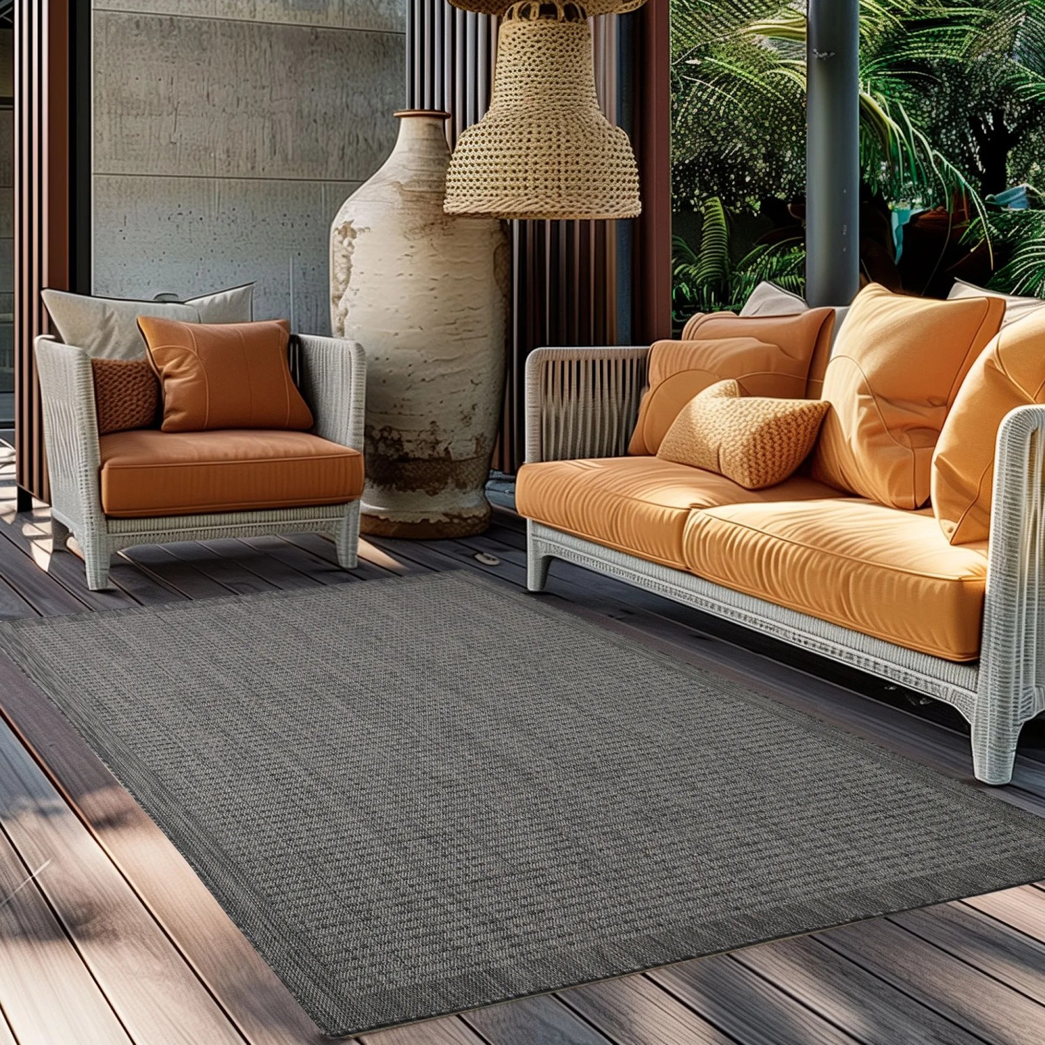 Ayyildiz Outdoor-Teppich Giza 1410, schwarz, 200x290 cm, auf einer Terrasse mit Möbeln.
