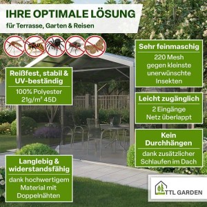 Schwarzes Moskitonetz XXL von TTL GARDEN für Betten und Pavillons, 500x300x250 cm.