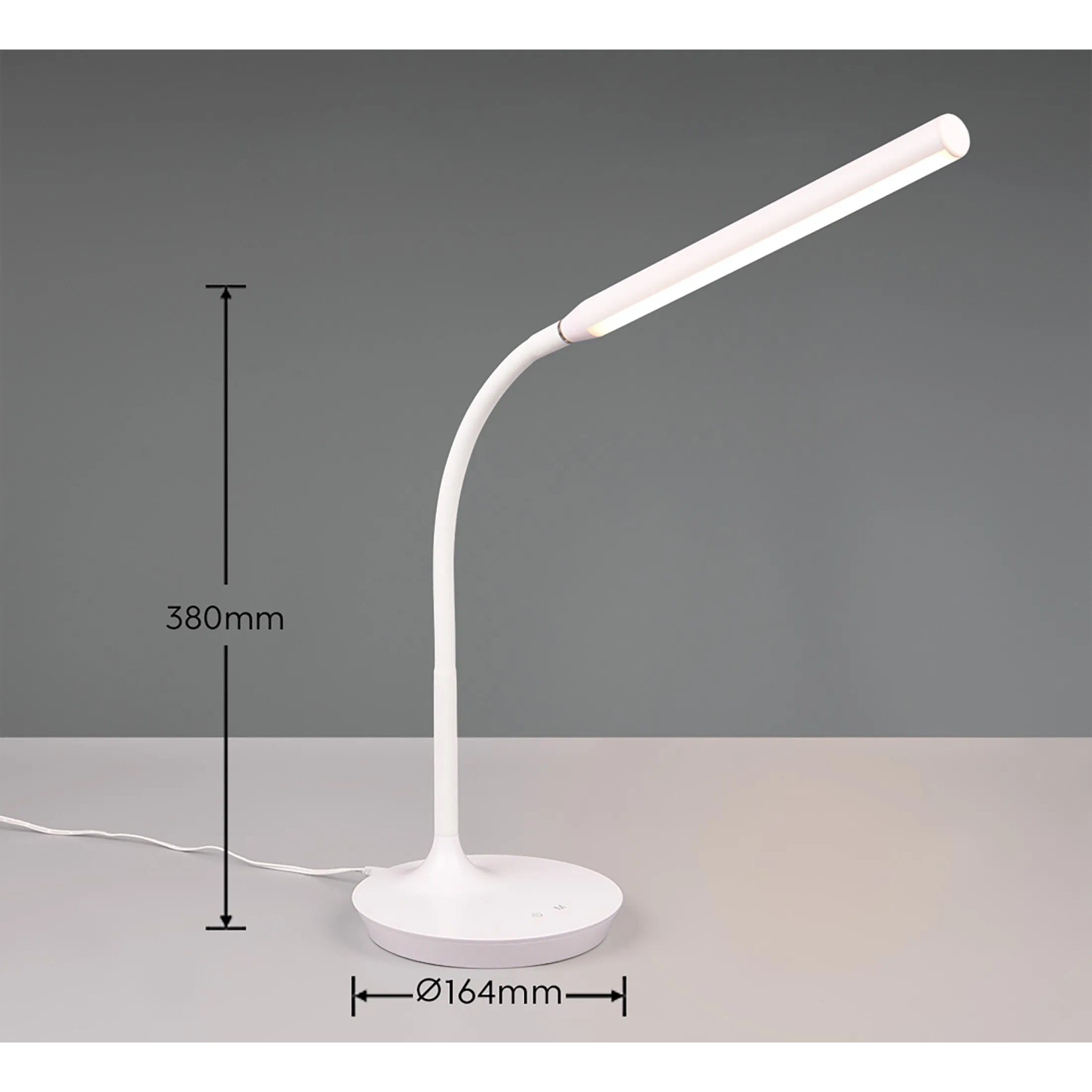 Weiße Reality LED-Tischleuchte Toro, 38 cm hoch, flexible Schreibtischlampe mit Touchdimmer.