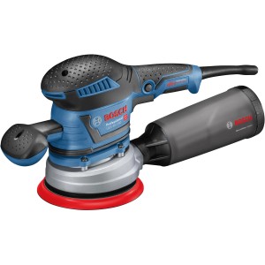 Bosch Professional GEX 40-150 Exzenterschleifer mit Staubbox und rotem Schleifteller.