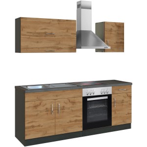Küchenzeile Sorrento 210 cm in Wotaneiche-Grafit mit Spüle, Herd und Dunstabzugshaube.