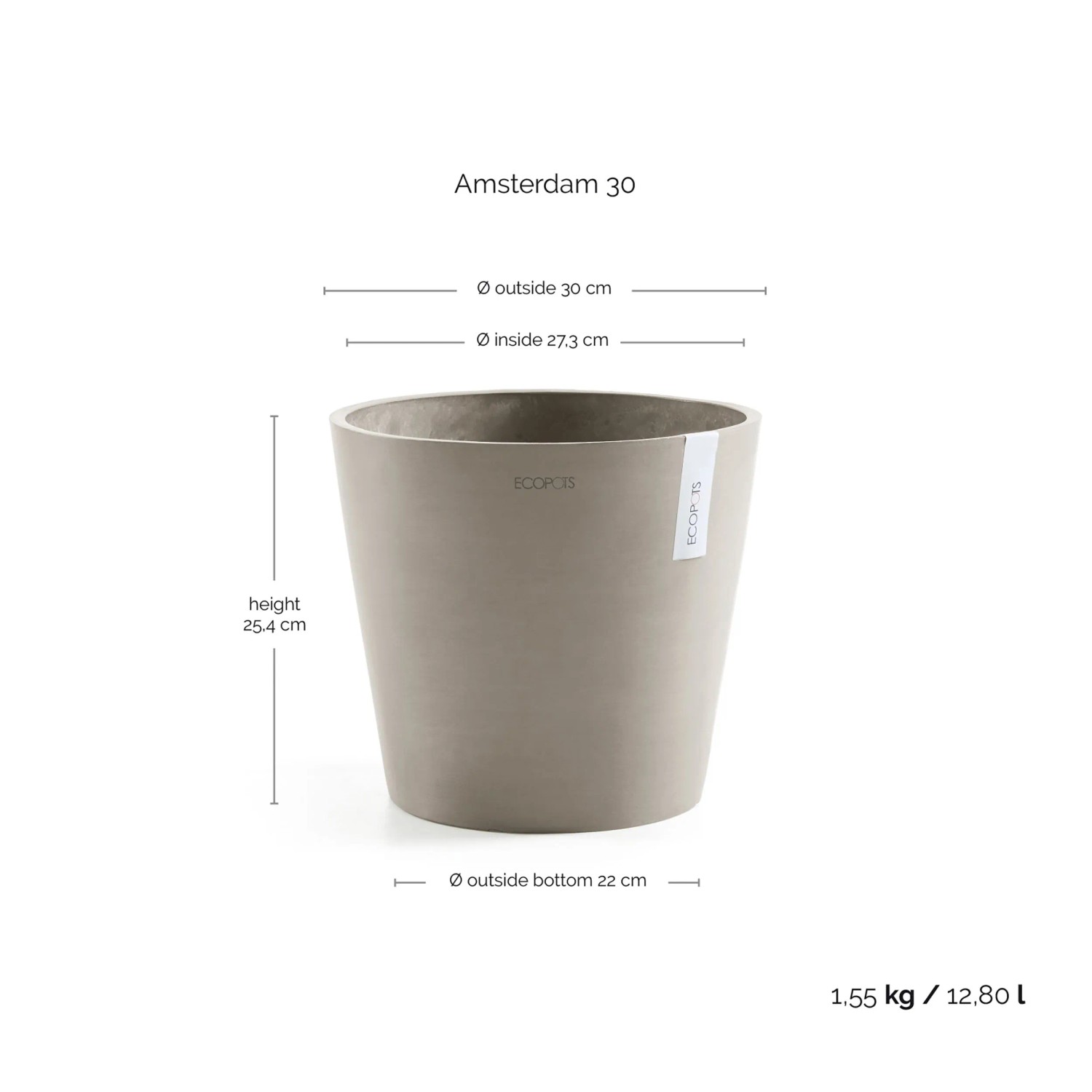 Ecopots Amsterdam Pflanztopf, braungrau, 30 cm. Ideal für Innen- und Außenbereich.
