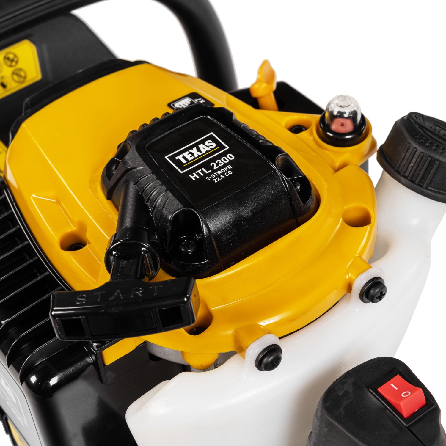 Detailaufnahme: Texas HTL2300 Benzin-Heckenschere, gelb/schwarz, Motor und Startknopf im Fokus.