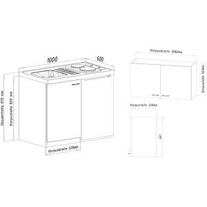 Technische Zeichnung Respekta Miniküche MK100ESWOS, 100 cm, Weiß/Eiche Sägerau Nachbildung, mit Maßen.