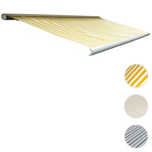 Elektrische Kassettenmarkise 4x3m in Gelb/Weiß gestreift. Vollkassettenmarkise mit Motor und Kurbel.