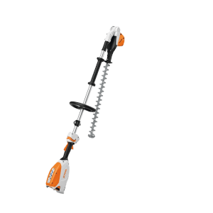 Stihl Akku-Heckenschneider HLA 66 orange-grau mit langem Stiel und verstellbarem Messerbalken für Hecken.