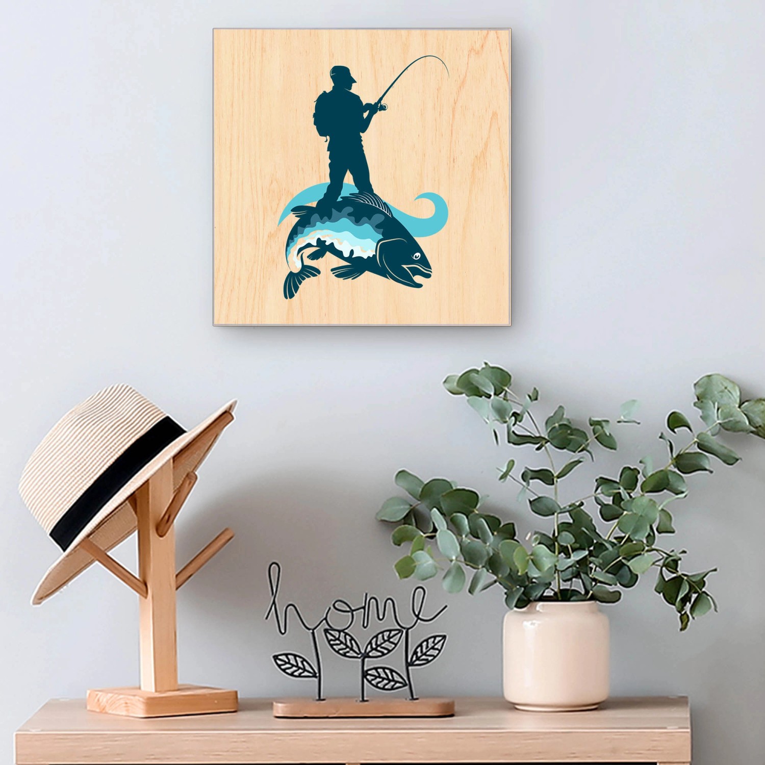 Banjado Schlüsselkasten mit Angler-Motiv, 30x30cm, weiße Holzfront, 50 Haken zur Schlüsselaufbewahrung.