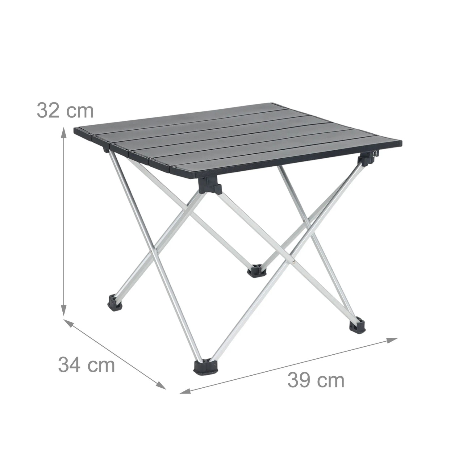 Schwarzer Relaxdays Campingtisch aus Aluminium, faltbar, mit den Maßen 32x39x34 cm.