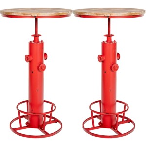 2er Set rote Stehtische Ruhr, höhenverstellbar, mit runder Holzplatte und rotem Metallgestell im Industrial-Look.