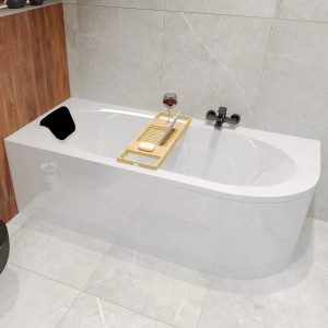 Weiße AVITA 180x80 Eckbadewanne links mit Acrylschürze, schwarzer KODI Kopfstütze und Bambusablage mit Wein, Buch.