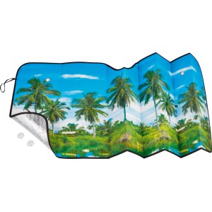 Sonnenblende 130x60 cm mit Strandmotiv für Auto, inkl. Saugnäpfe zur Befestigung.