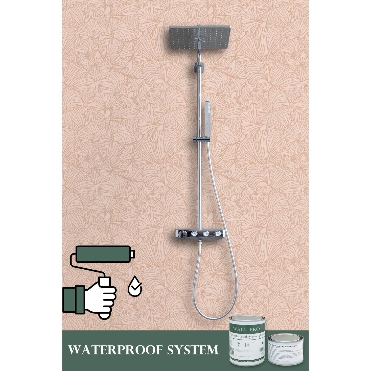 ESTAhome Vliestapete Ginkgoblätter in Terrakottarosa im Badezimmer mit Dusche und Zubehör.