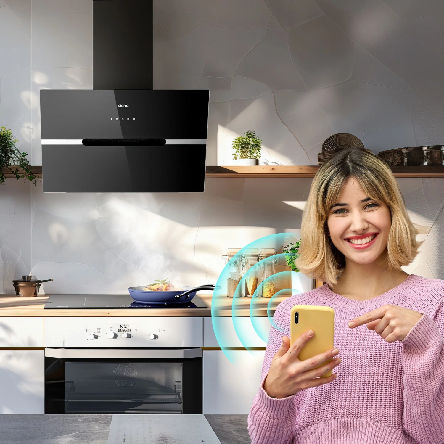 Schwarze CIARRA Dunstabzugshaube 60cm mit App-Steuerung in moderner Küche.