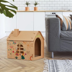Relaxdays Katzenhaus Pappe Braun mit Kratzbrett 46 cm x 36,5 cm x 48 cm 670 g