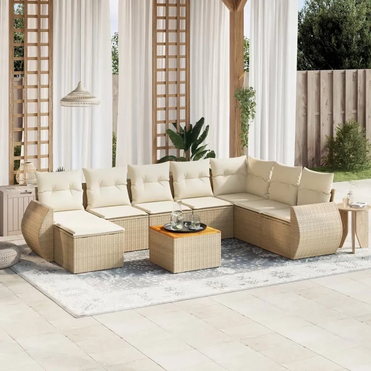Beige 9-tlg. vidaXL Garten-Sofagarnitur aus Rattan mit Kissen. Modulare Gartenmöbel für Terrasse und Garten.