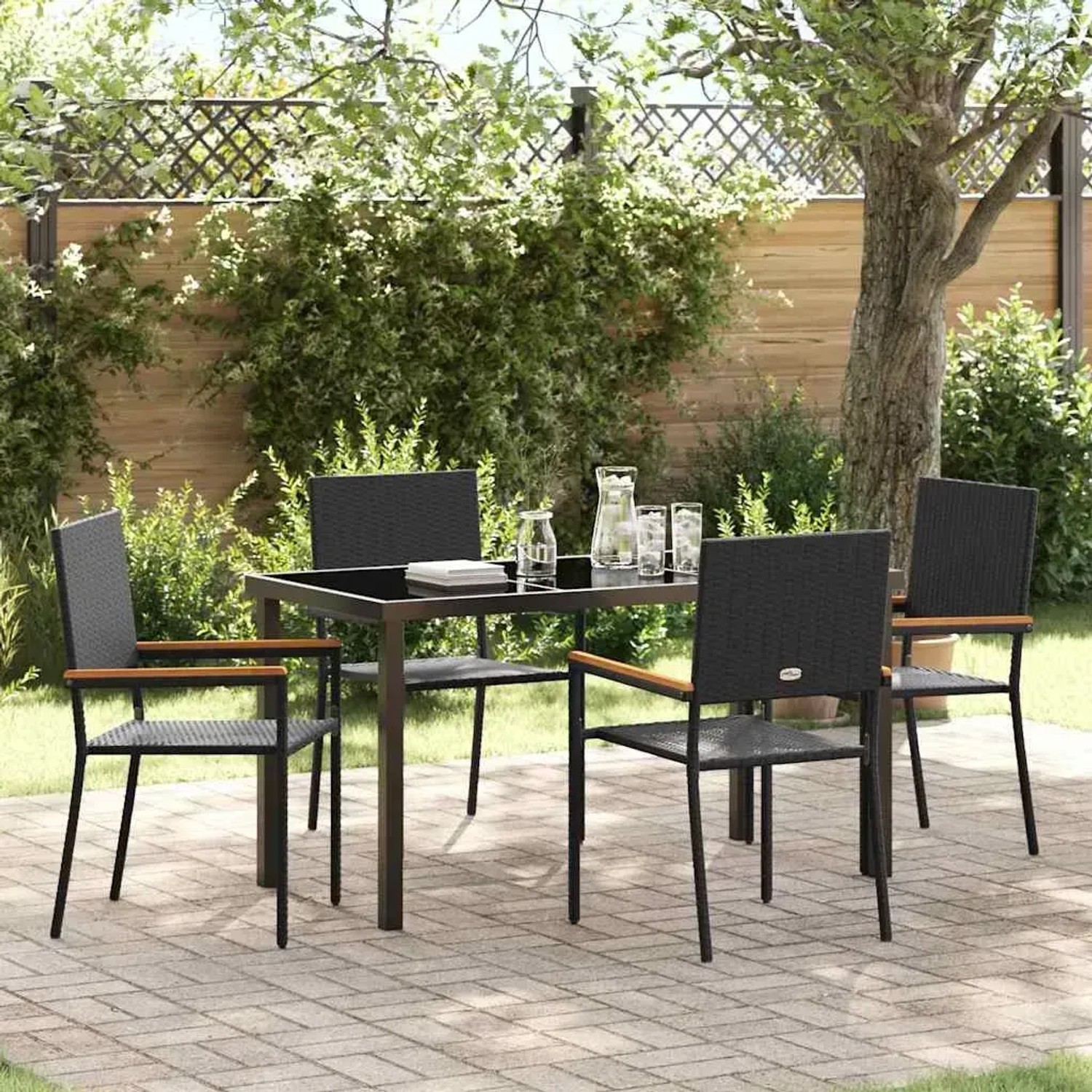 Schwarze 5-teilige Garten Essgruppe aus Poly Rattan von vidaXL mit Tisch und vier Stühlen.