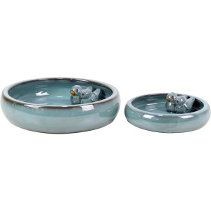 Grüne Keramik Vogeltränke mit Vogel Figuren, glasiert, für den Garten.