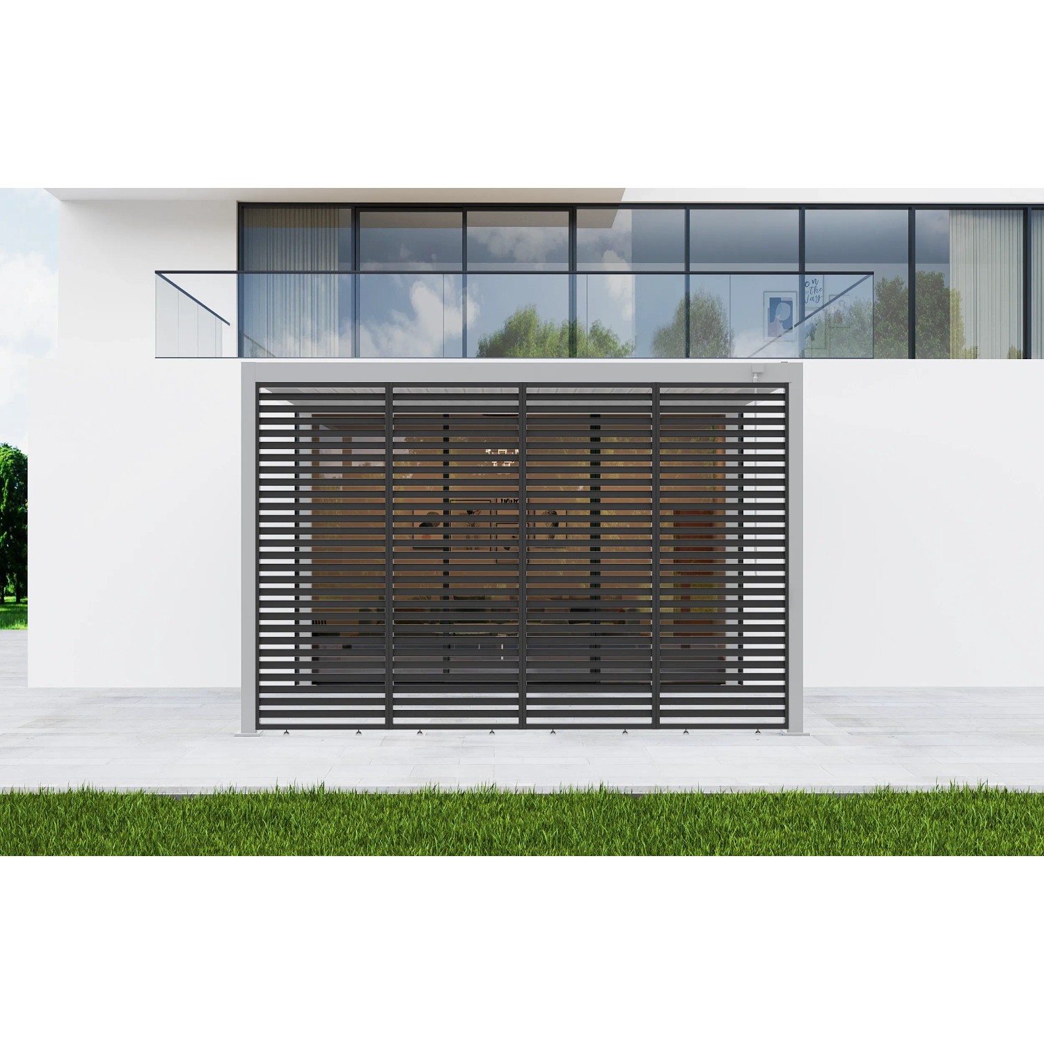 Anthrazitfarbene MWH FF-Eco-O Lamellenwand 85cm als Sichtschutz für Pergola vor modernem Haus mit Rasen.