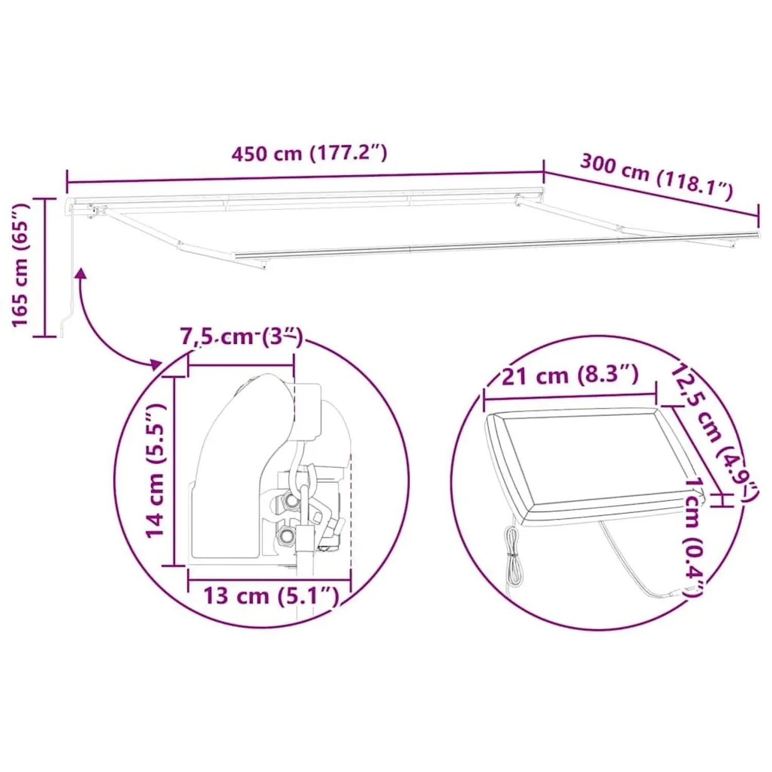 vidaXL Einziehbare Markise Mehrfarbig 450 x 300 cm Stoff und Stahl 3330928_15