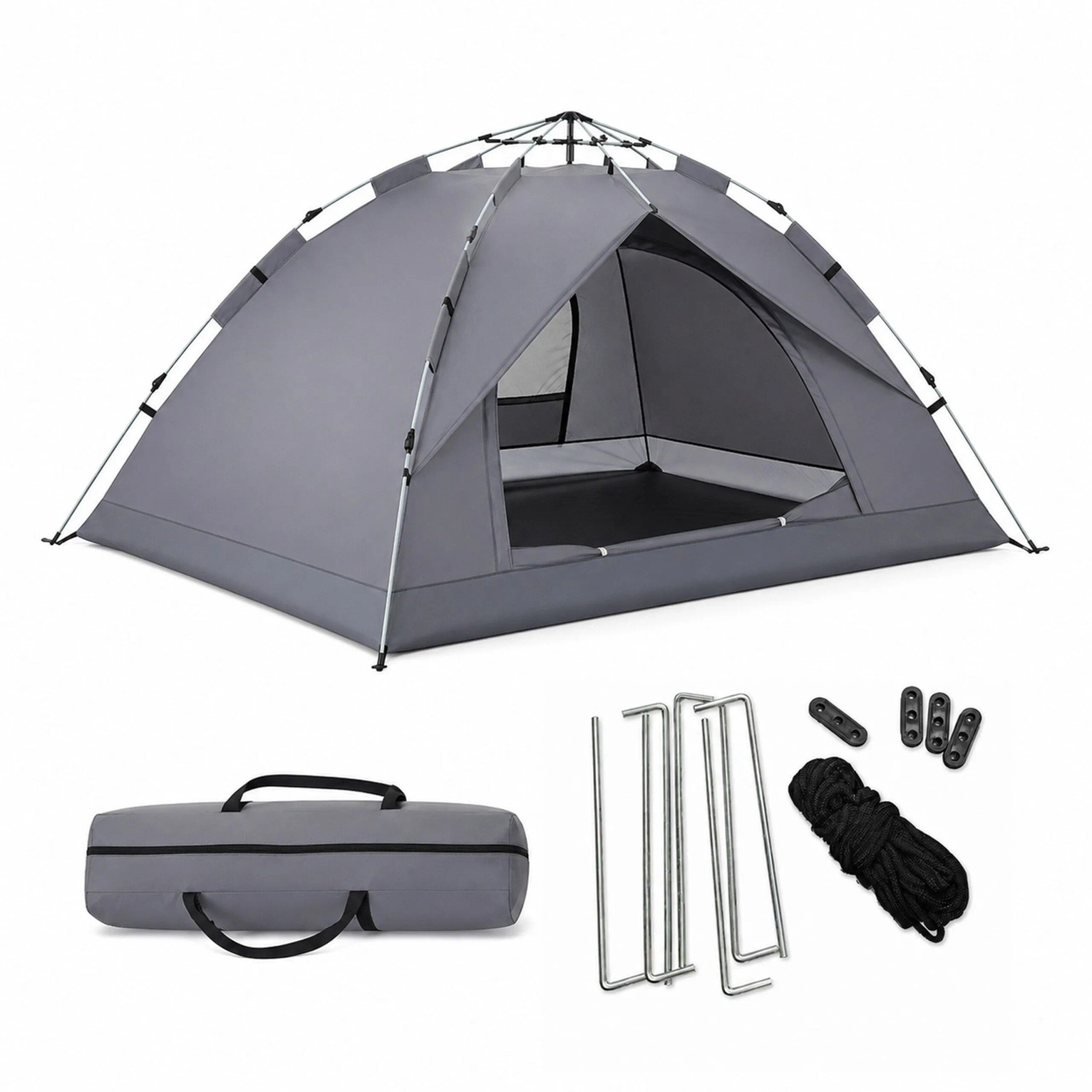 Relaxdays Campingzelt Polyester Grau Silber Schwarz Automatisch Wasserabweisend UV-Schutz mit Moskitonetz 135 cm x 200 cm x 200 cm 2.5 kg