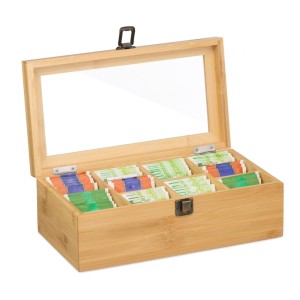 Relaxdays Teebox Bambus Kunststoff Metall Natur Staubgeschützt Herausnehmbar 10 Fächer mit Sichtfenster 10 cm x 29,5 cm x 17 cm 1 kg