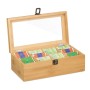 Relaxdays Teebox Bambus Kunststoff Metall Natur Staubgeschützt Herausnehmbar 10 Fächer mit Sichtfenster 10 cm x 29,5 cm x 17 cm 1 kg