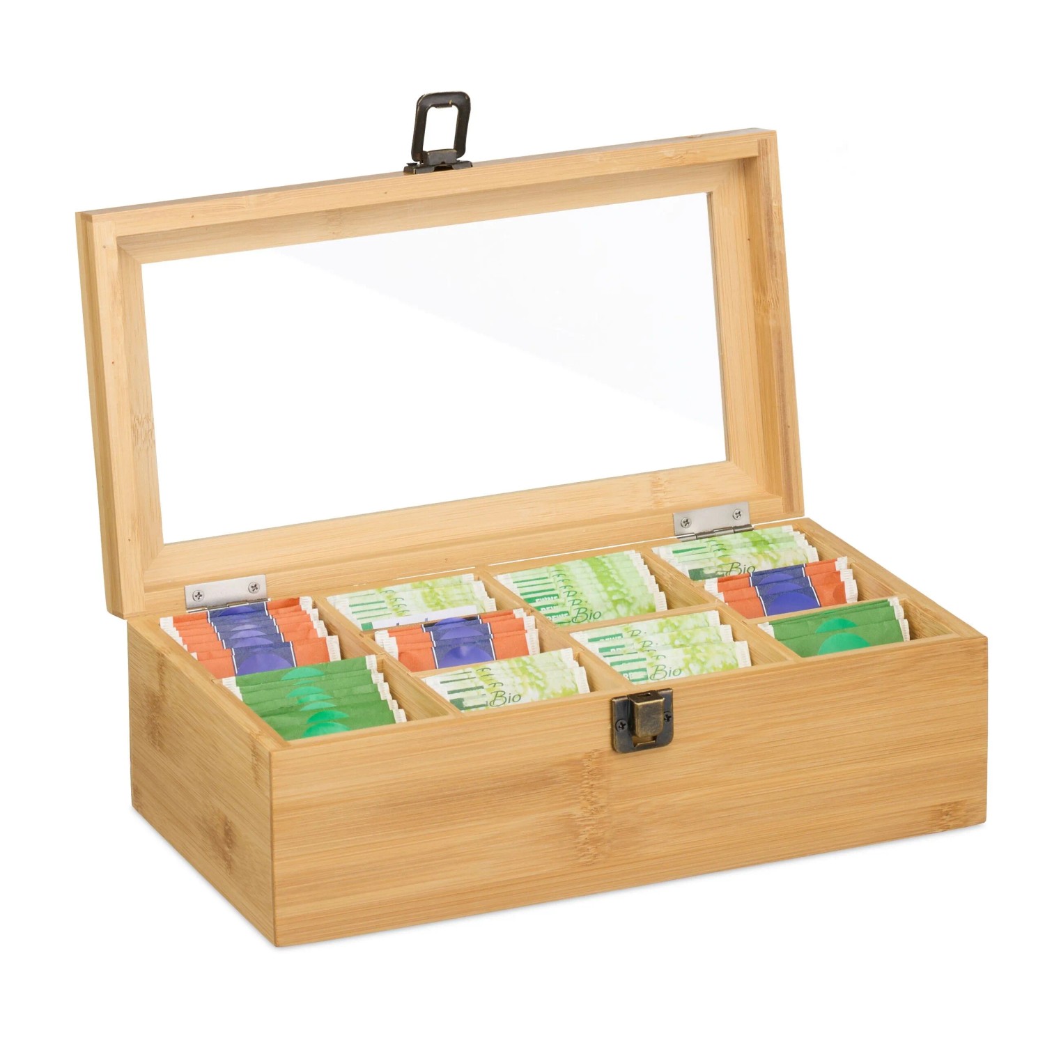 Relaxdays Teebox Bambus Kunststoff Metall Natur Staubgeschützt Herausnehmbar 10 Fächer mit Sichtfenster 10 cm x 29,5 cm x 17 cm 1 kg