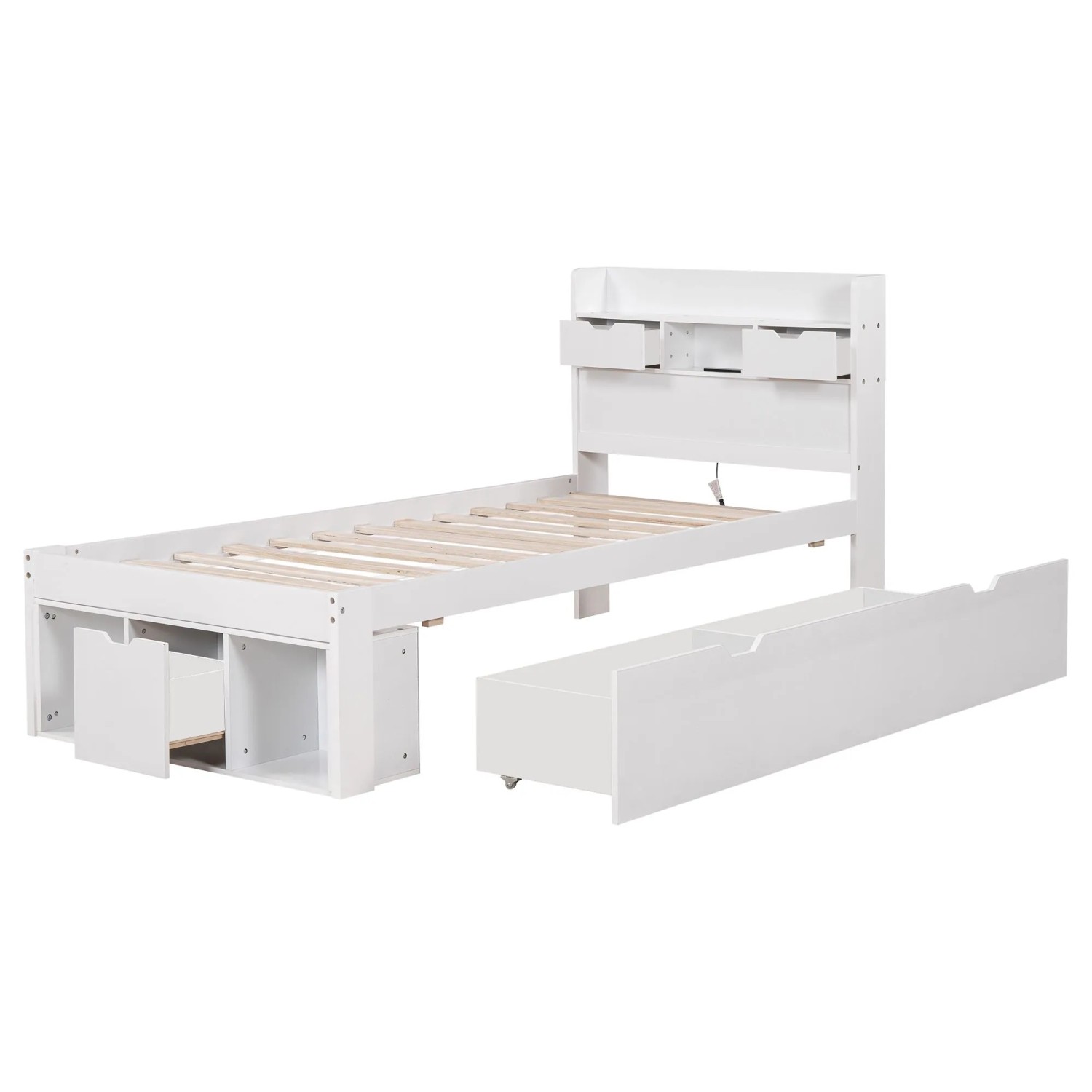 Merax Einzelbett 90x200 Kinderbett Jugendbett mit USB Schubladen Stauschrank Weiß