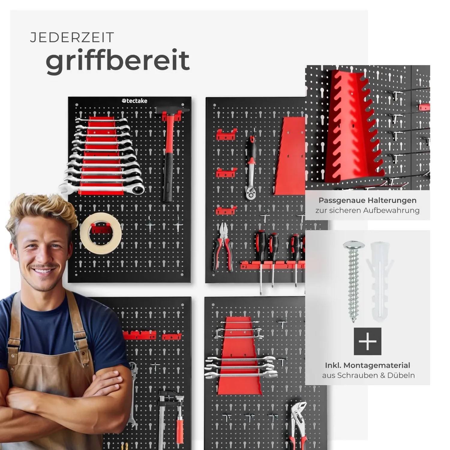 Tectake Werkzeuglochwand, 4-teilig, schwarz-rot, mit Haken und Halterungen für Werkstatt und Garage.