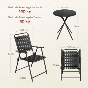 Schwarzes WOLTU Balkonset: klappbarer Bistrotisch (Ø 60x70 cm) und Gartenstuhl. Maße und Belastbarkeit (Stuhl 120 kg, Tisch 50 kg) dargestellt.