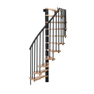 Minka Spindeltreppe Metallica Smart, Buche-Schwarz, 130 cm. Platzsparende Innentreppe mit Holzstufen und schwarzem Geländer.
