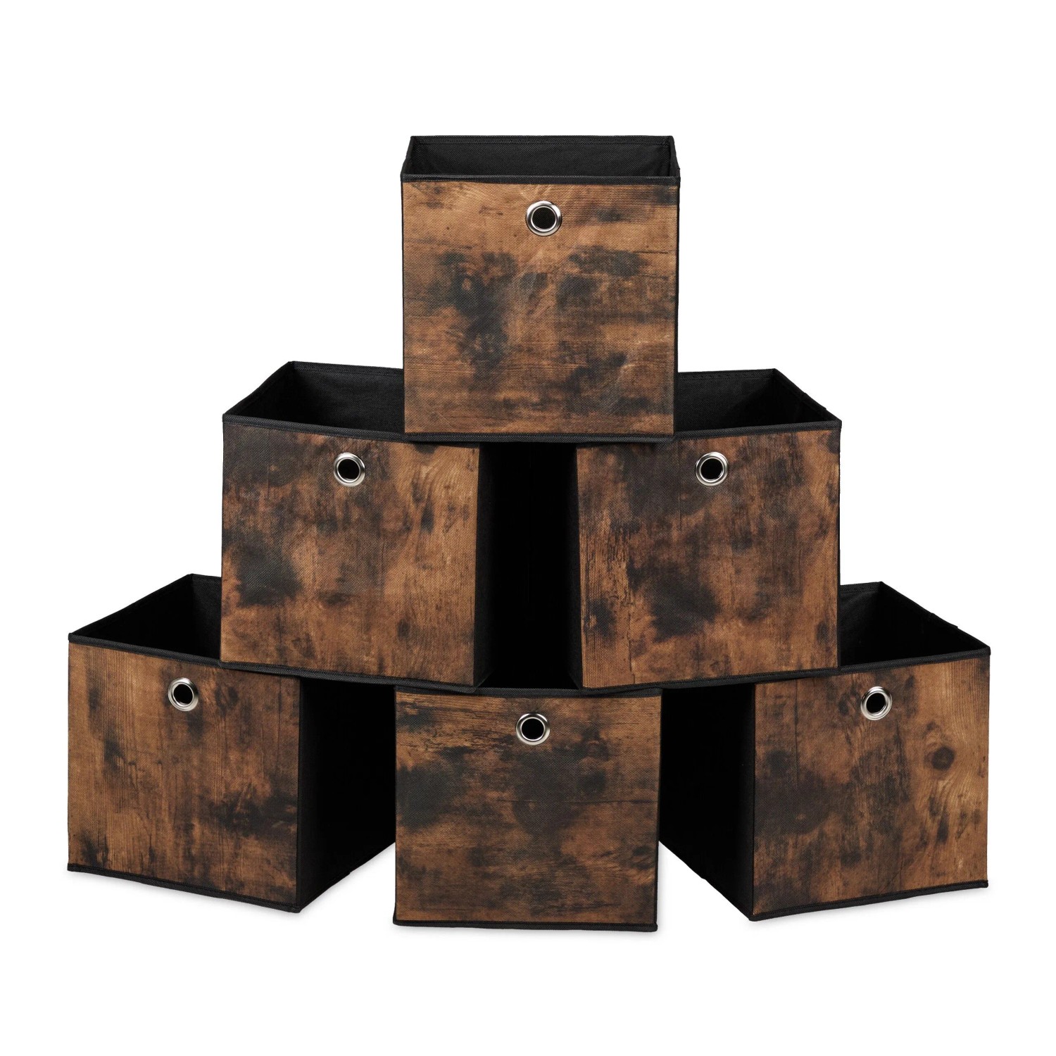 Relaxdays Aufbewahrungsboxen Vliesstoff Schwarz Braun Faltbar Holzoptik 6er Set 26 cm x 26 cm x 26 cm 0,4 kg