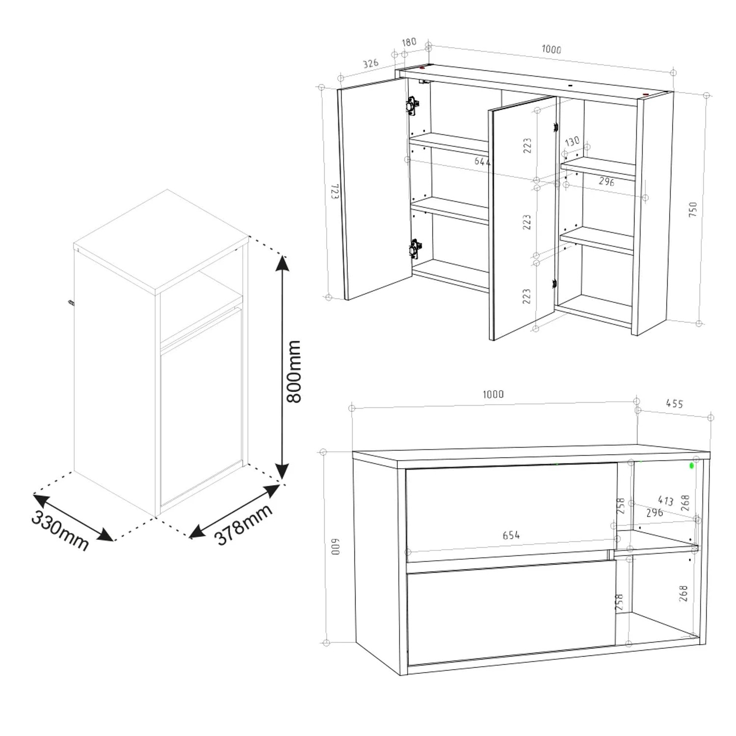 Skizze: Vicco Badmöbel-Set Viola, 3-teilig, Anthrazit/Eiche, mit Maßen von Spiegelschrank, Unter- und Midischrank.