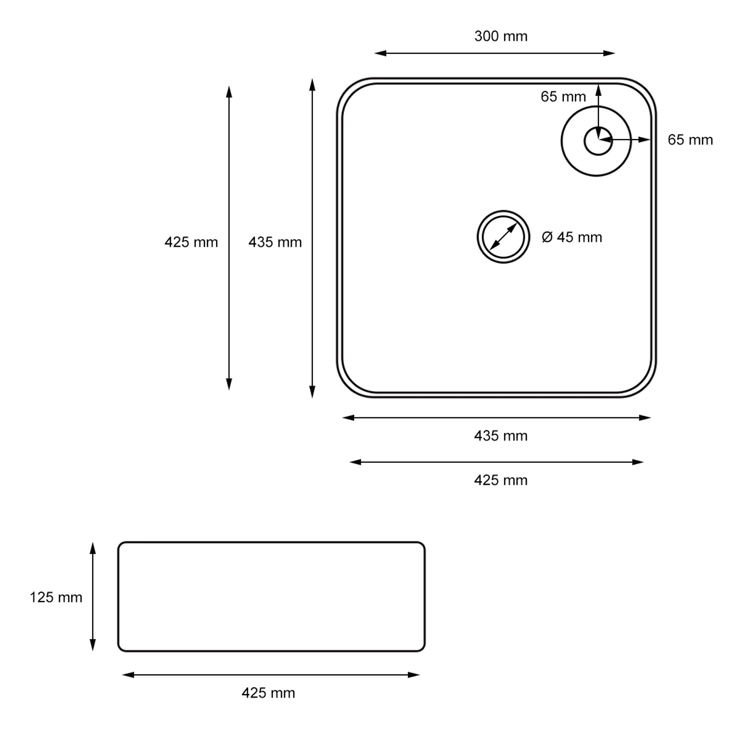 Technische Zeichnung: ECD Germany Waschbecken, 435x435x125 mm, Keramik, mit Ablaufgarnitur, ohne Überlauf.