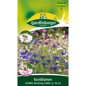 Samentüte Quedlinburger Kornblume 'Gefüllte Mischung' mit blauen, lila und rosa Blüten.
