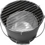 Tragbarer Eimergrill in Schwarz mit Grillrost, ideal für unterwegs.