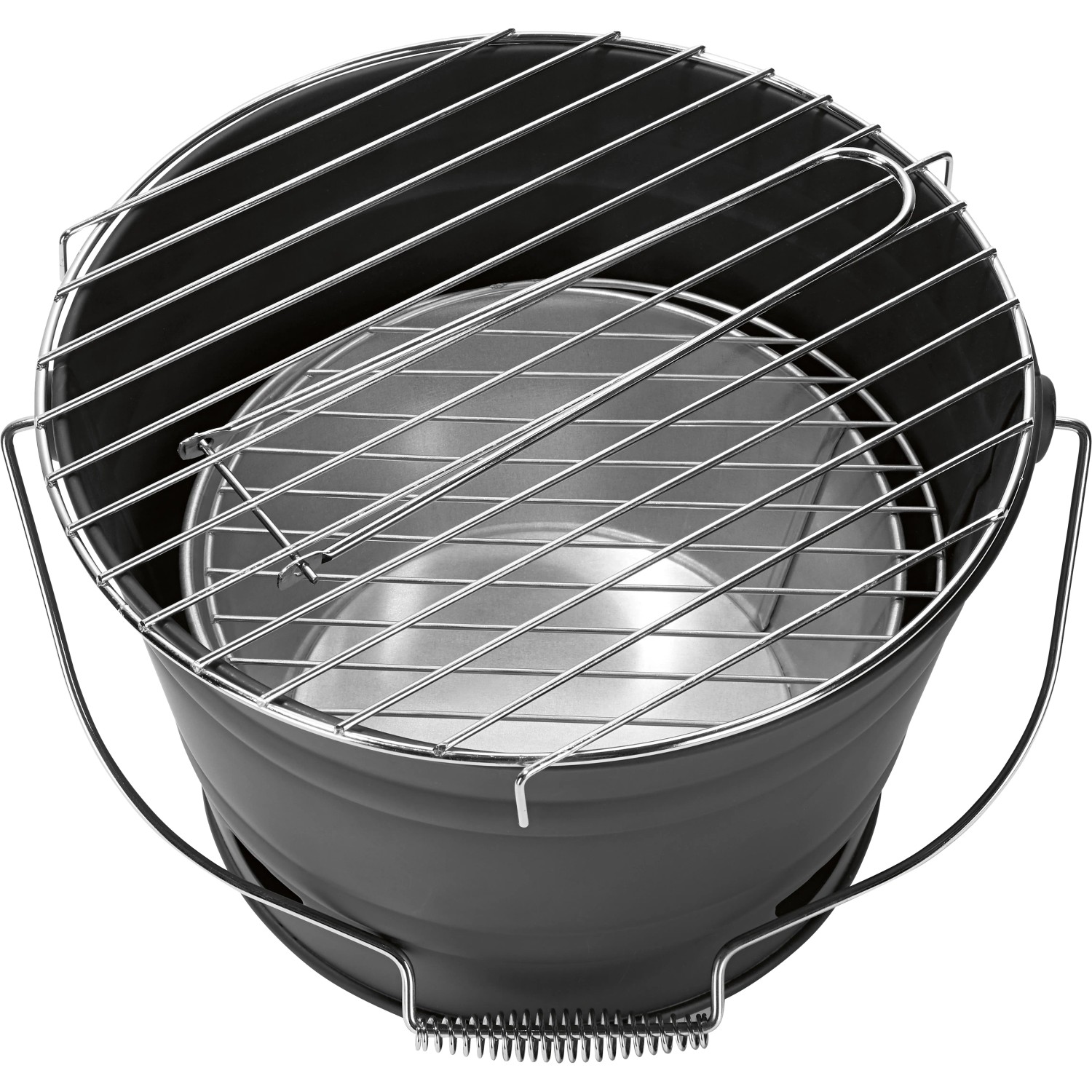 Tragbarer Eimergrill in Schwarz mit Grillrost, ideal für unterwegs.