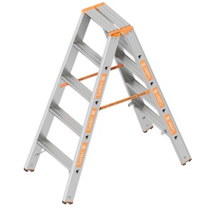 Layher Stufenstehleiter Topic 1043, 2x5 Stufen, mit breiten Stufen und Plattform.