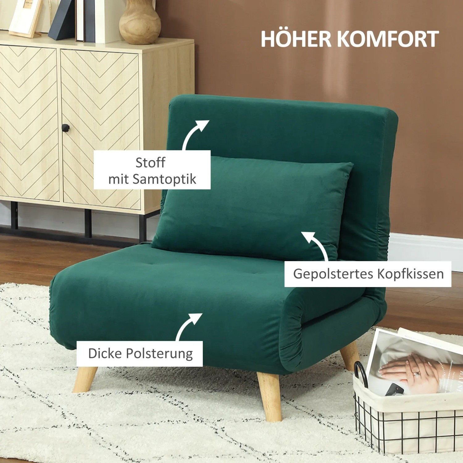 Grüner HOMCOM 3-in-1 Schlafsessel/Schlafsofa mit Kissen, als Loungesessel oder Gästebett nutzbar.