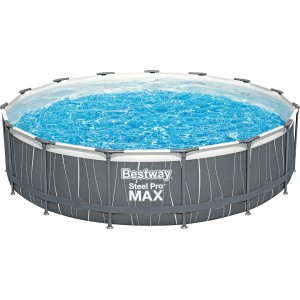Bestway Steel Pro MAX Stahlrahmenpool-Set, Ø 457 cm, gefüllt mit klarem, blauem Wasser.