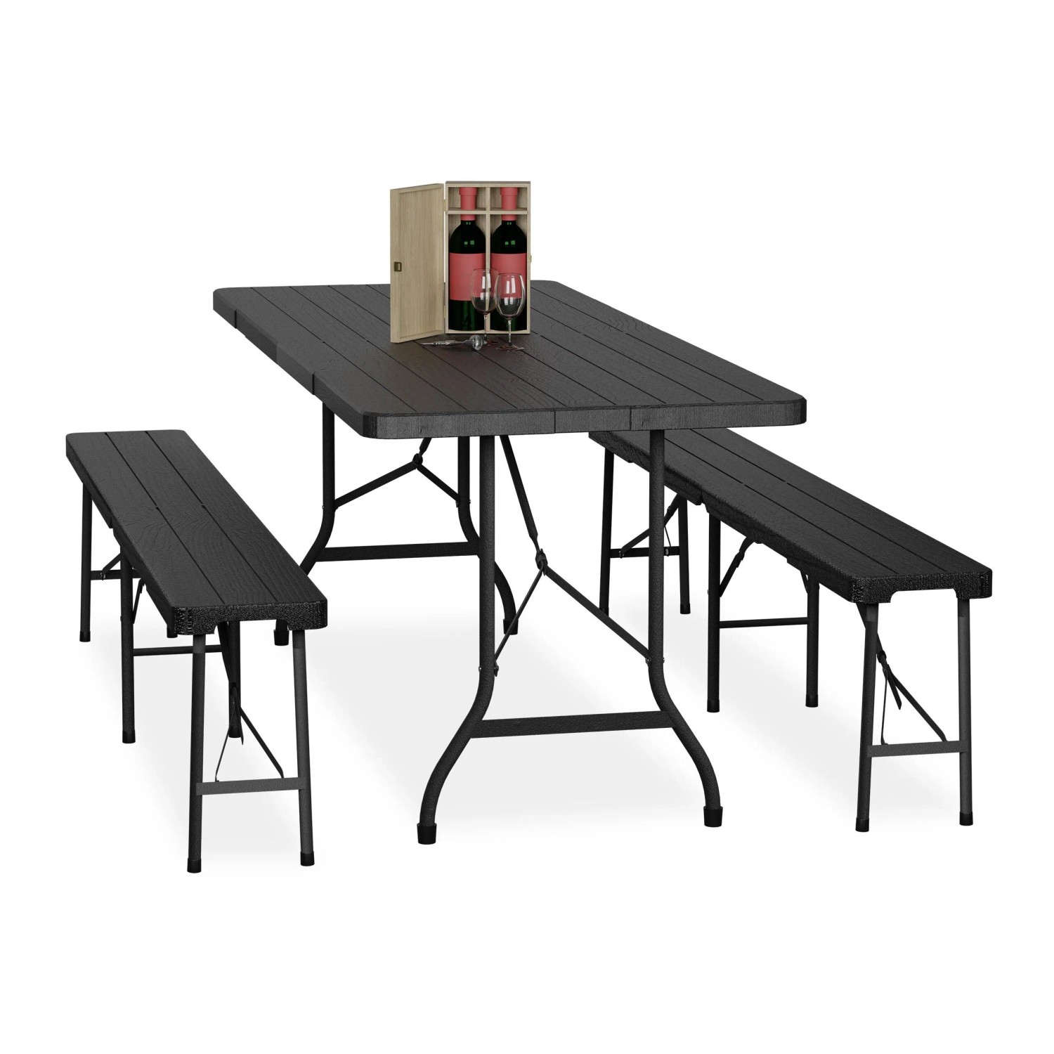 Relaxdays Bierzeltgarnitur PE-Kunststoff Stahl Schwarz Klappbar 180 cm x 74 cm x 73 cm
