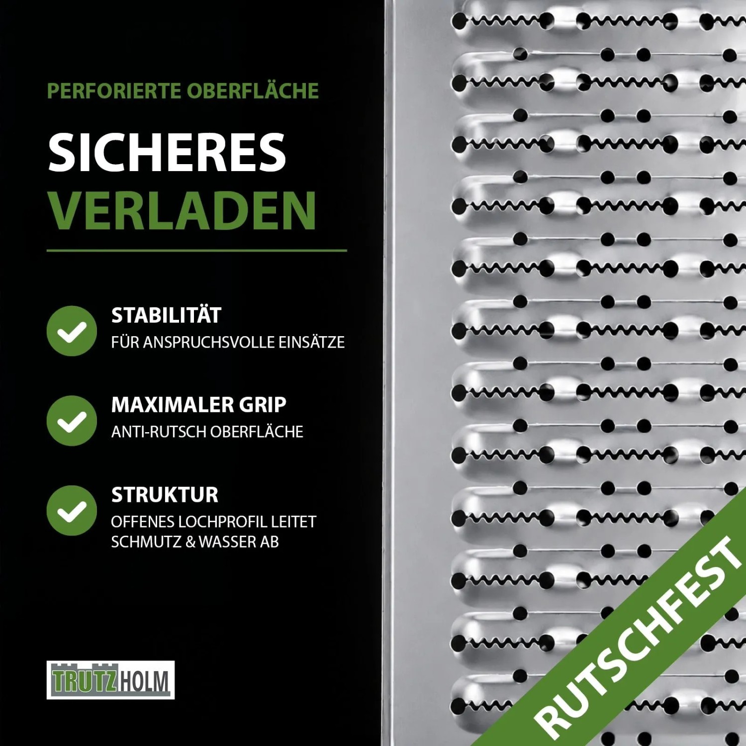 Nahaufnahme der perforierten Stahloberfläche der TRUTZHOLM Auffahrrampe. Bietet maximalen Grip für sicheres Verladen.