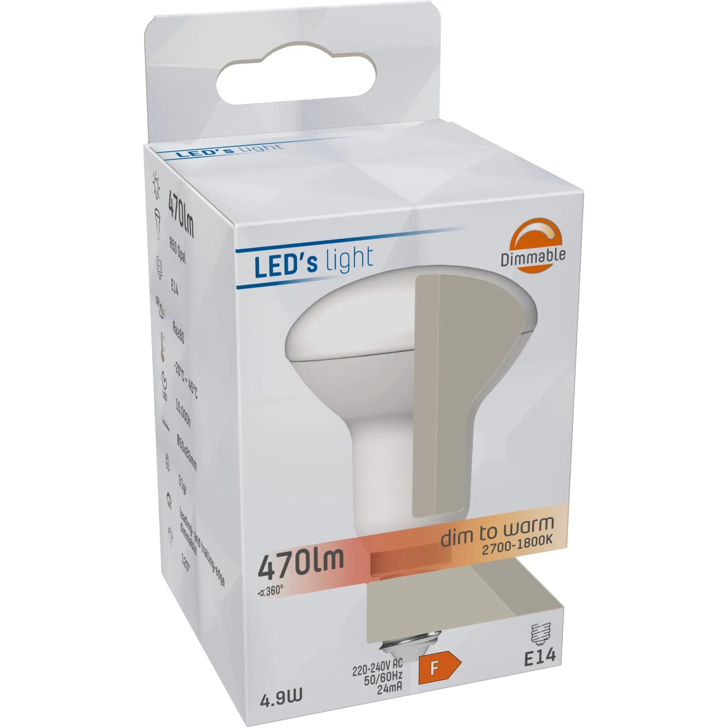 Verpackung einer dimmbaren E14 LED Lampe in Pilzform, 4,9W, 470lm, Farbtemperatur einstellbar.